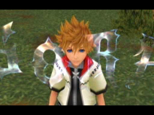 Kingdom hearts 2 sora and roxas facing back to back with the oathkeeper  keyblade in the middle