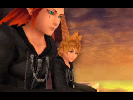 Kingdom hearts 2 sora and roxas facing back to back with the oathkeeper  keyblade in the middle